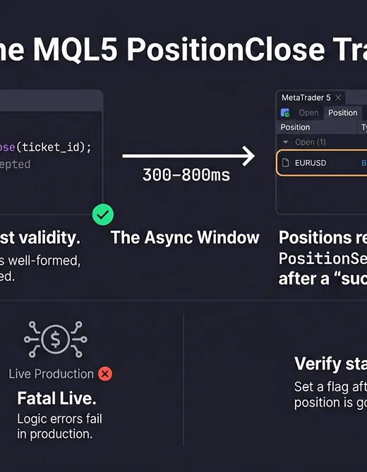 Split diagram showing CTrade PositionClose returning true while the MT5 position remains open, with a 300–800ms async gap between request acceptance and position closure