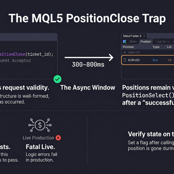 Split diagram showing CTrade PositionClose returning true while the MT5 position remains open, with a 300–800ms async gap between request acceptance and position closure