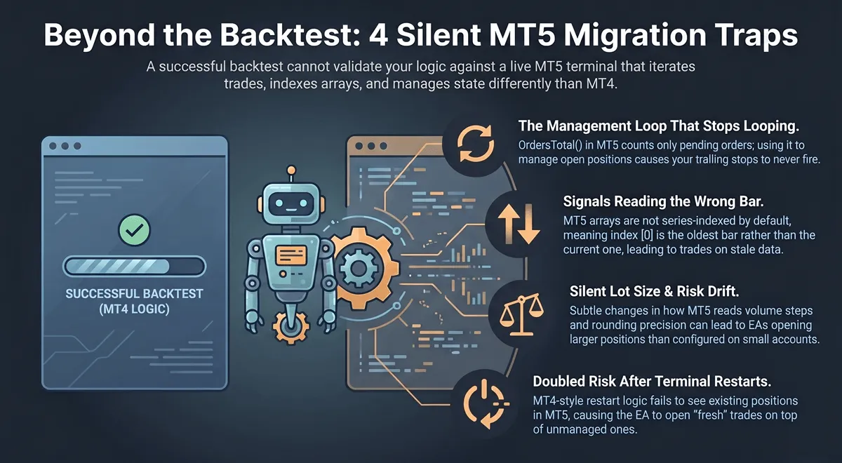 Illustration of a trading EA migrating between two platforms with four warning symbols on the destination, representing the four MT4-to-MT5 failures that surface only in live trading.