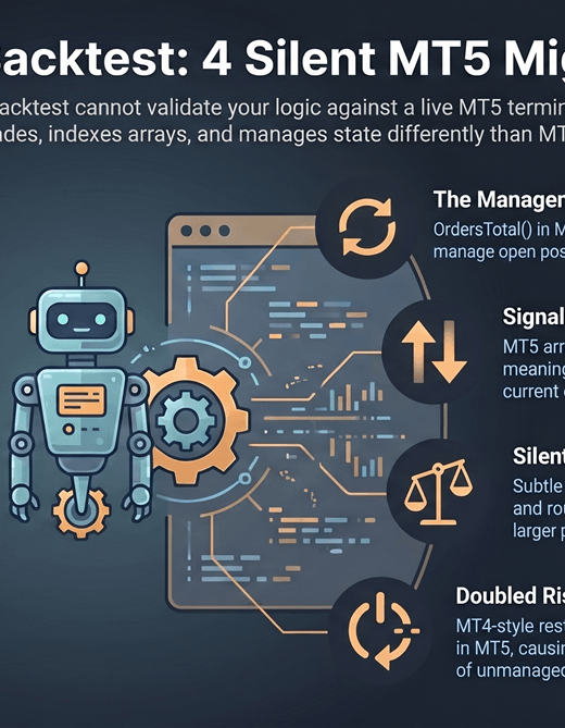 Illustration of a trading EA migrating between two platforms with four warning symbols on the destination, representing the four MT4-to-MT5 failures that surface only in live trading.