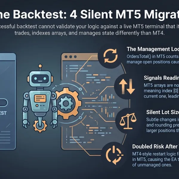 Illustration of a trading EA migrating between two platforms with four warning symbols on the destination, representing the four MT4-to-MT5 failures that surface only in live trading.