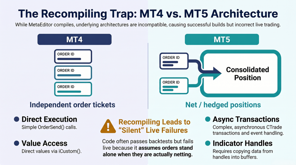 Diagram contrasting MT4 independent order tickets with MT5 net/hedged positions — the order-model difference that breaks recompiled EAs.