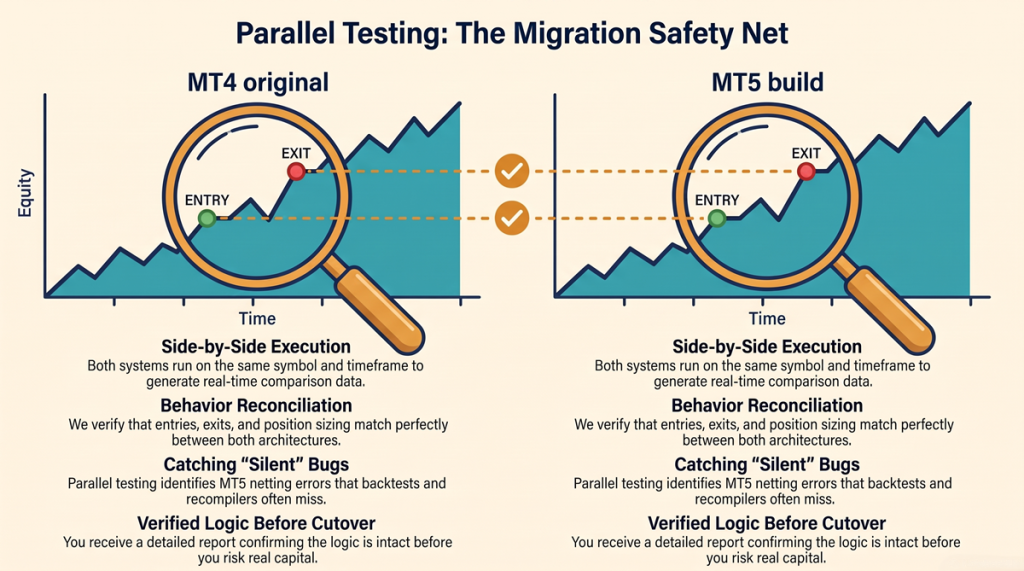 Side-by-side comparison of an EA's behavior on MT4 versus the migrated MT5 build, reconciled before cutover during parallel testing.