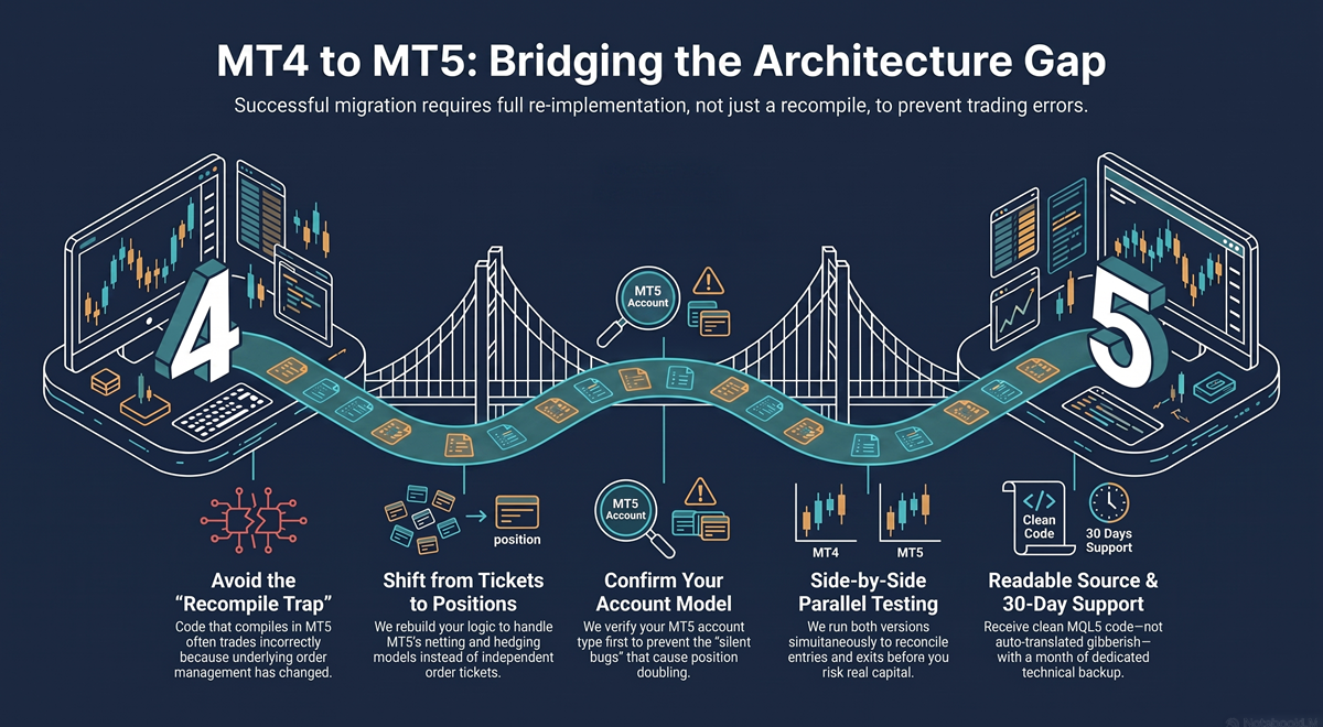 Illustration of a trading system migrating from a MetaTrader 4 platform to a MetaTrader 5 platform across a bridge — representing full MT4 to MT5 migration.