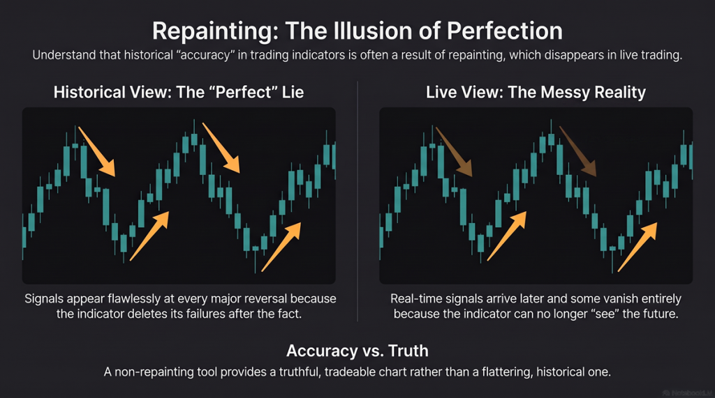 Repainting indicator comparison: flawless signals on historical bars versus later and fewer signals in live evaluation — the historical accuracy is produced by the repainting.