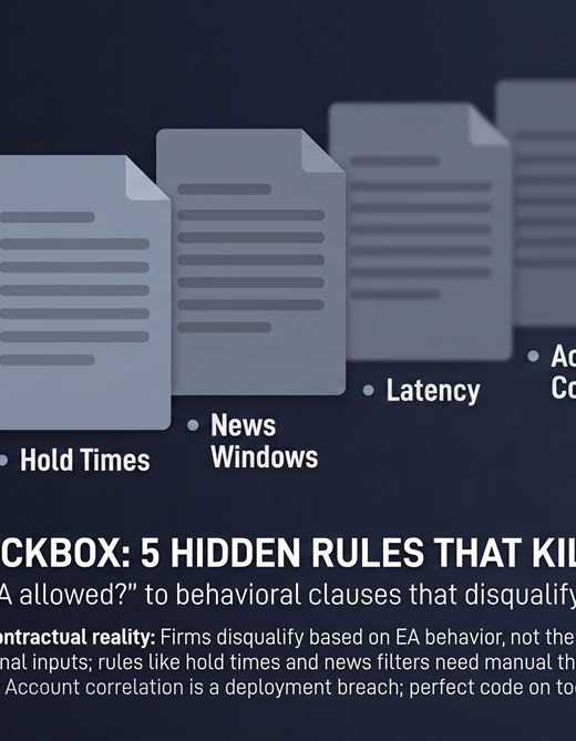 A ticked checkbox in sharp focus with five blurred contract clauses receding behind it, illustrating that a prop firm's EA permission is visible while its behavioural restrictions are not.
