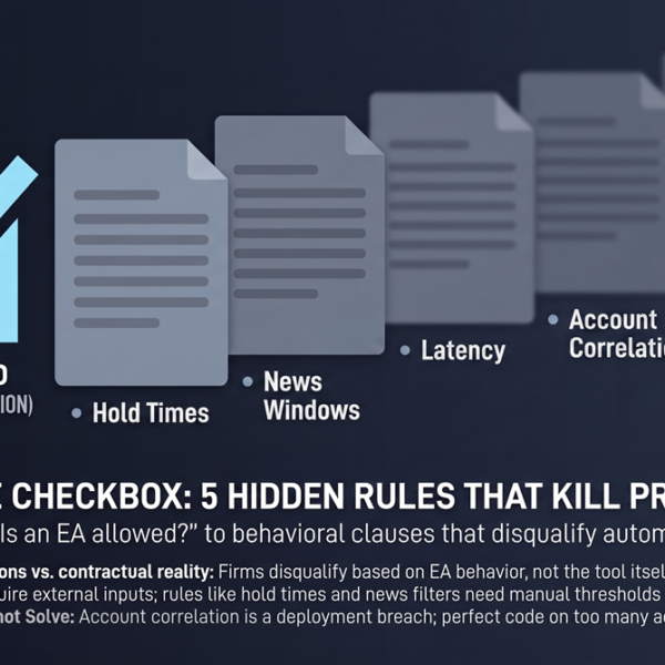 A ticked checkbox in sharp focus with five blurred contract clauses receding behind it, illustrating that a prop firm's EA permission is visible while its behavioural restrictions are not.