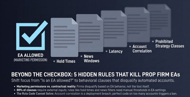 A ticked checkbox in sharp focus with five blurred contract clauses receding behind it, illustrating that a prop firm's EA permission is visible while its behavioural restrictions are not.