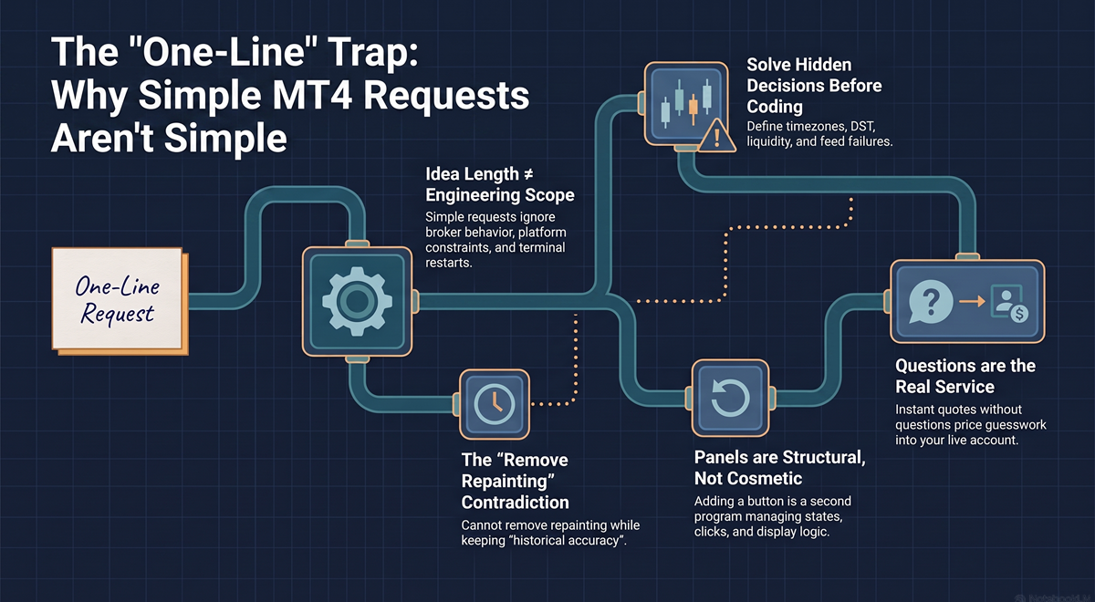 A one-line request unfolding into a branching set of hidden engineering decisions — the real scope inside a simple MT4 tool request.