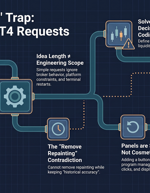 A one-line request unfolding into a branching set of hidden engineering decisions — the real scope inside a simple MT4 tool request.