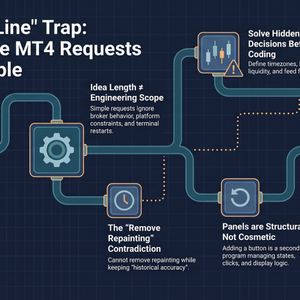 A one-line request unfolding into a branching set of hidden engineering decisions — the real scope inside a simple MT4 tool request.