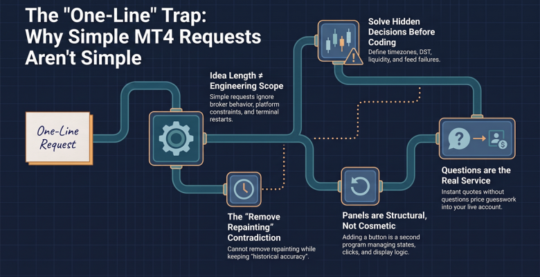 A one-line request unfolding into a branching set of hidden engineering decisions — the real scope inside a simple MT4 tool request.