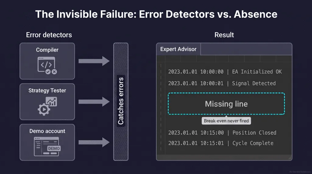 Diagram showing that the compiler, Strategy Tester and demo account catch errors but cannot see the missing log line where a break-even move should have fired — why conversion failures are absences, not errors.