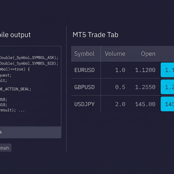 Clean MetaEditor compile output beside an MT5 Trade tab where three open positions' stop-loss values were never moved to break-even — the absence a no-code MT4 to MT5 conversion leaves behind.
